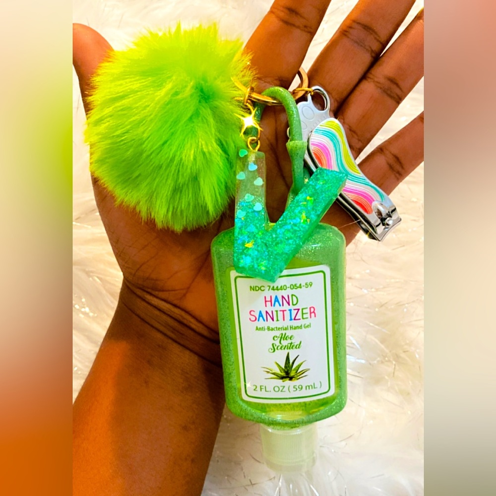 Letter Keychain Handbag Charms For Women Resin Key Ring with green pompom